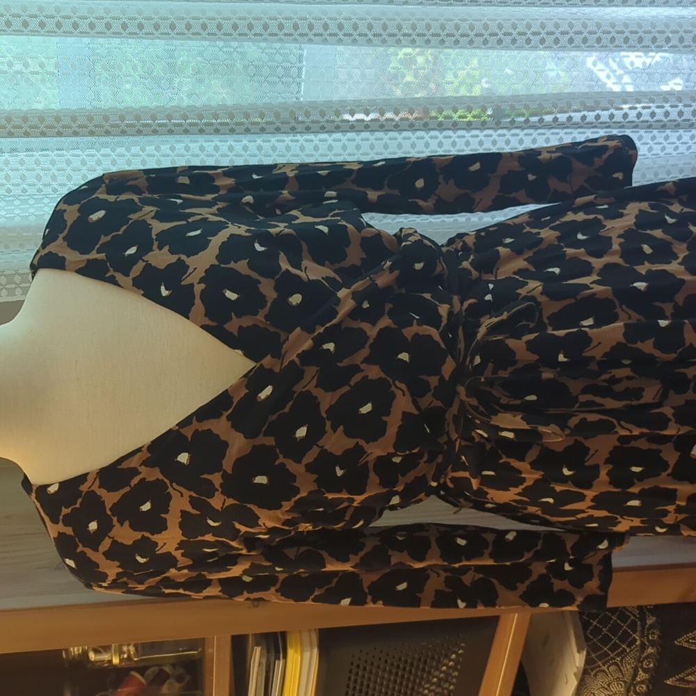 Lands End Floral Black Brown 3/4 Sleeve Dress L 14-16